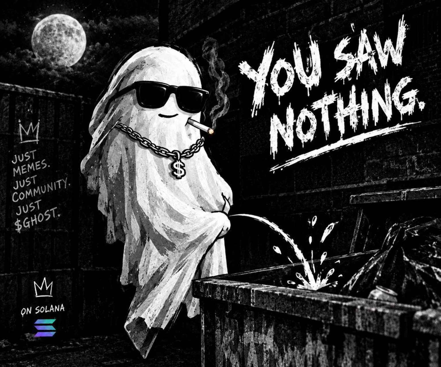 GhostSol in a dark alley under the words You Saw Nothing