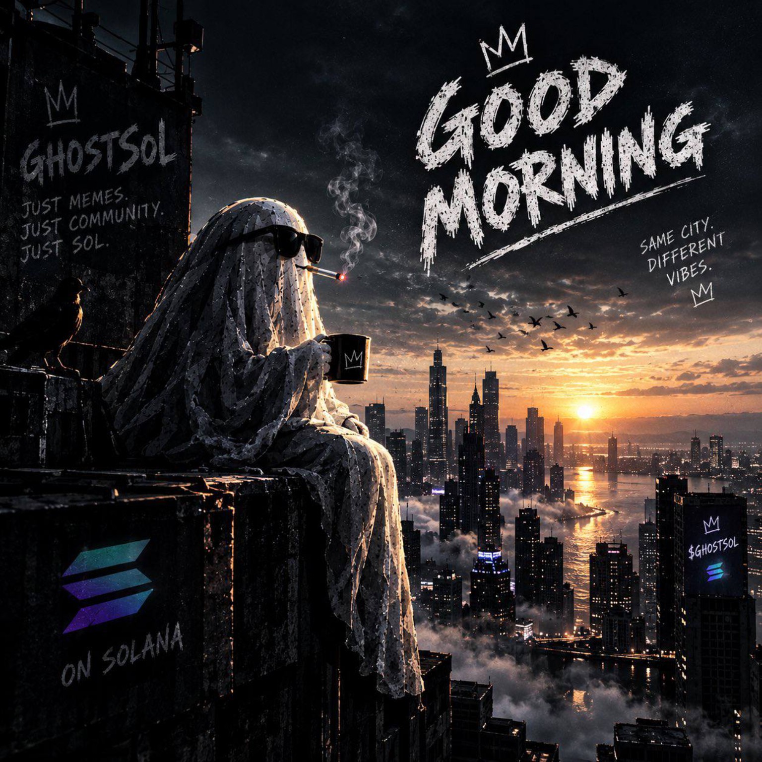 GhostSol overlooks the city at sunrise